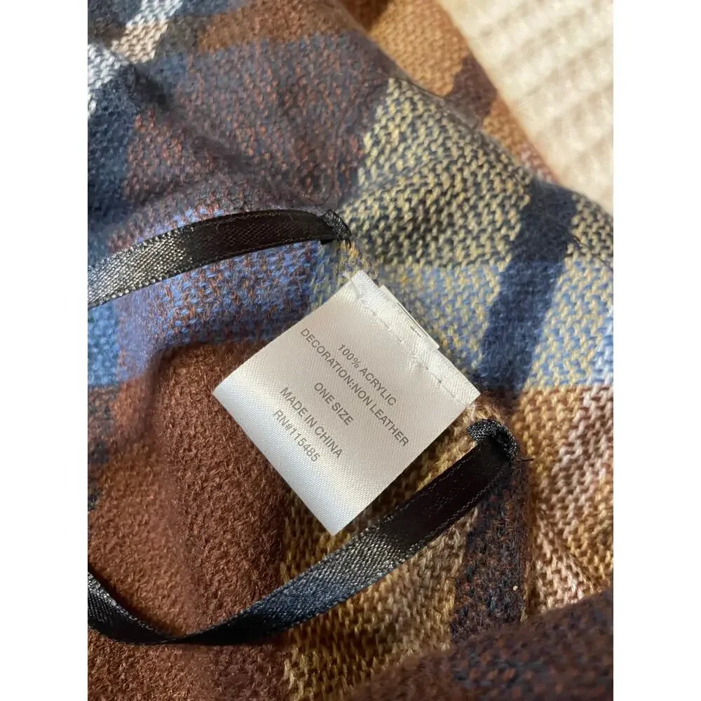 Plaid Cozy Brown & Blue Frog Loop Open Front Poncho Shawl One Size